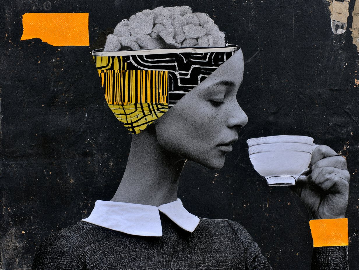 Collage: una mujer de perfil bebe de una taza; su cabeza abierta muestra un cerebro y un circuito en amarillo.