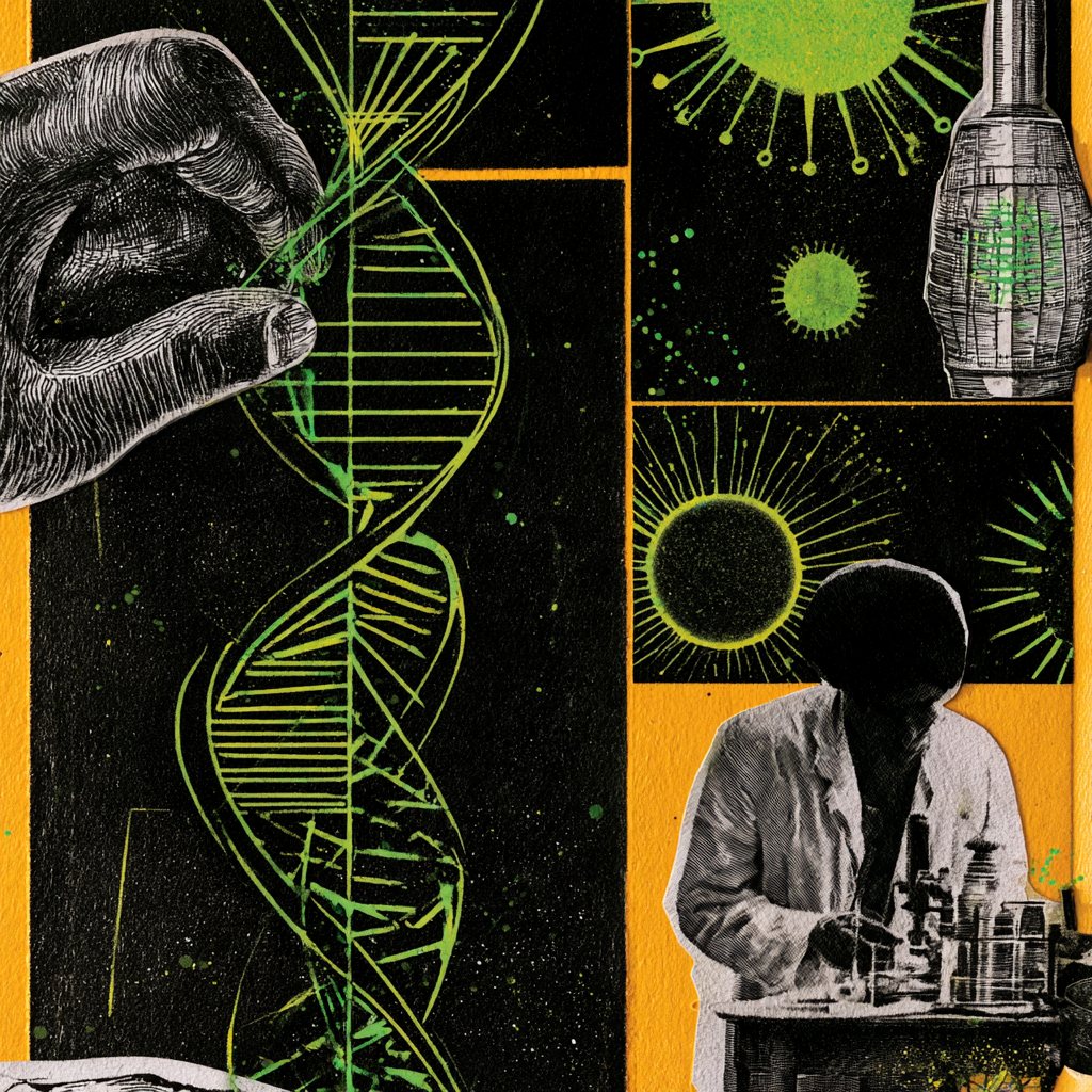 Collage: una mano sujeta una hélice de ADN verde y una persona con bata trabaja en un laboratorio.