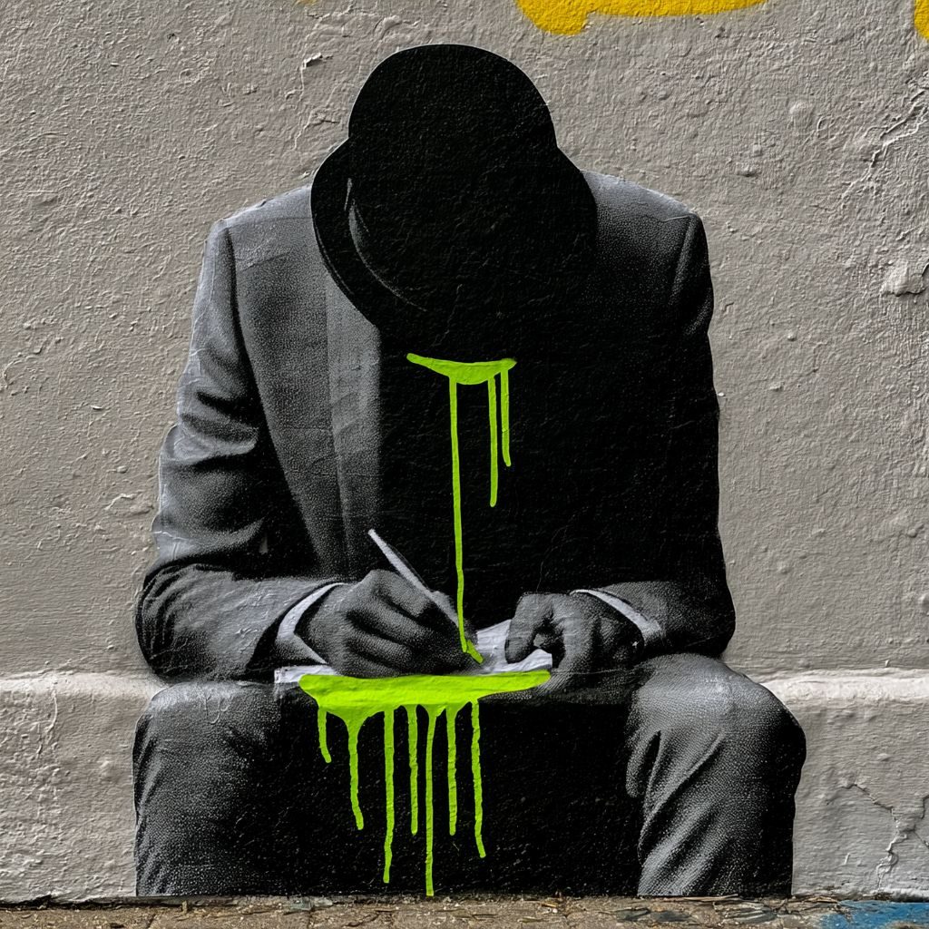 Collage: un hombre escribe en una libreta mientras le cae pintura verde
