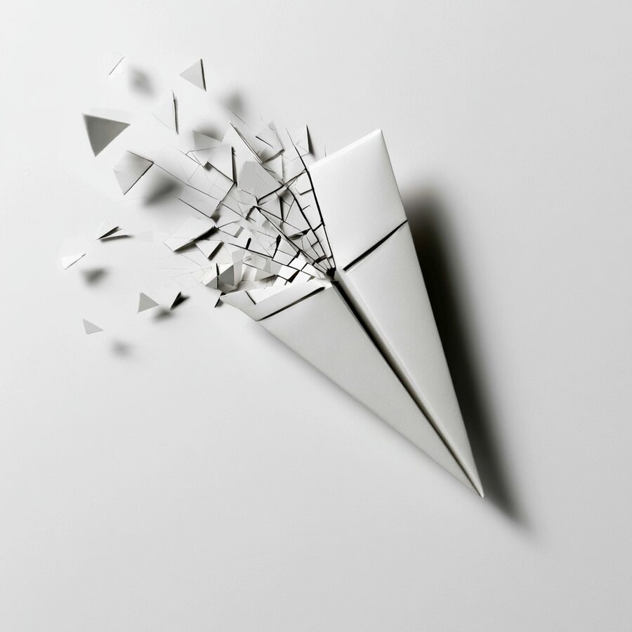 Avión de papel fragmentándose
