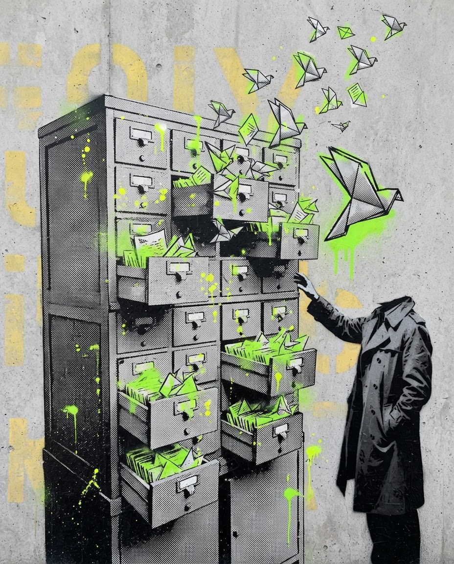 Collage: de un archivador con los cajones abiertos salen pájaros de papel