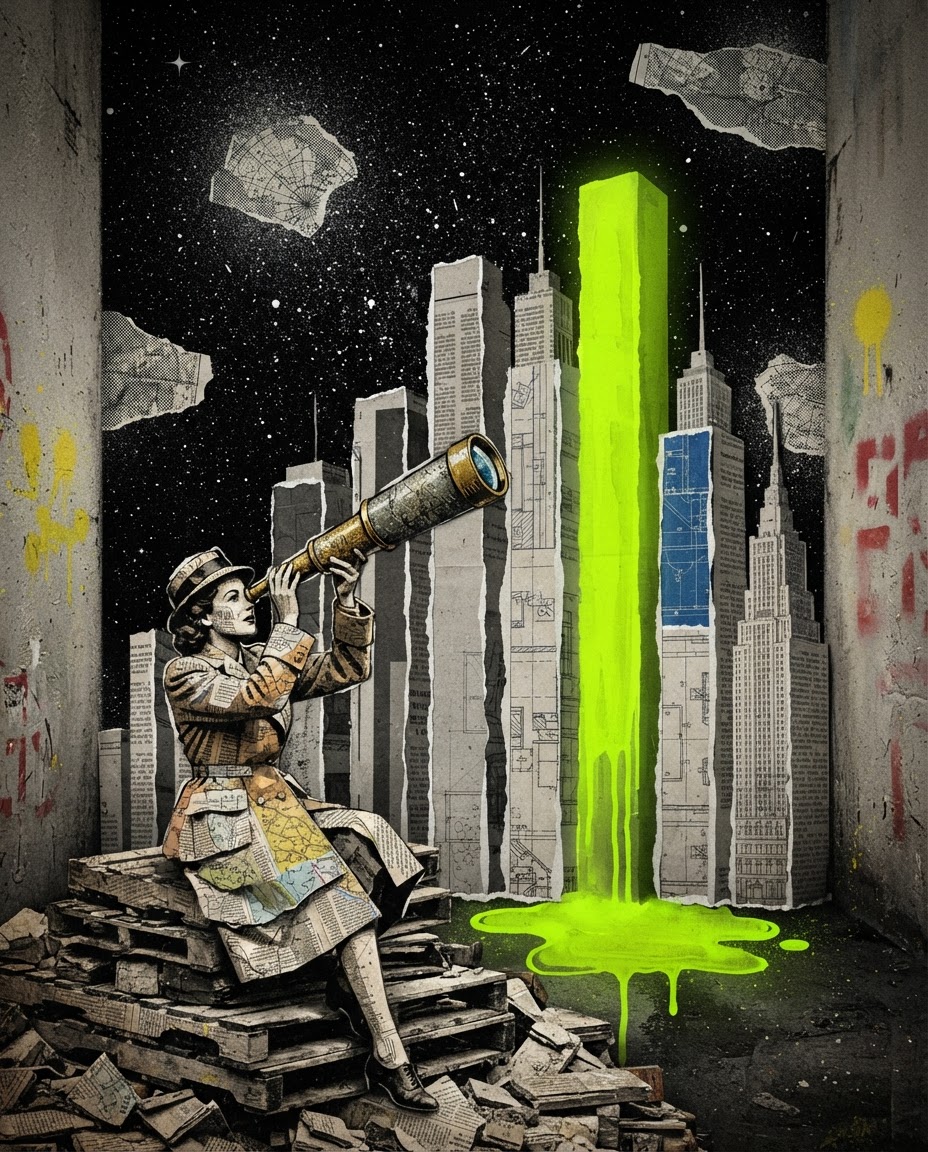 Collage: una mujer mira con un catalejo una gráfica de barras hecha de edificios