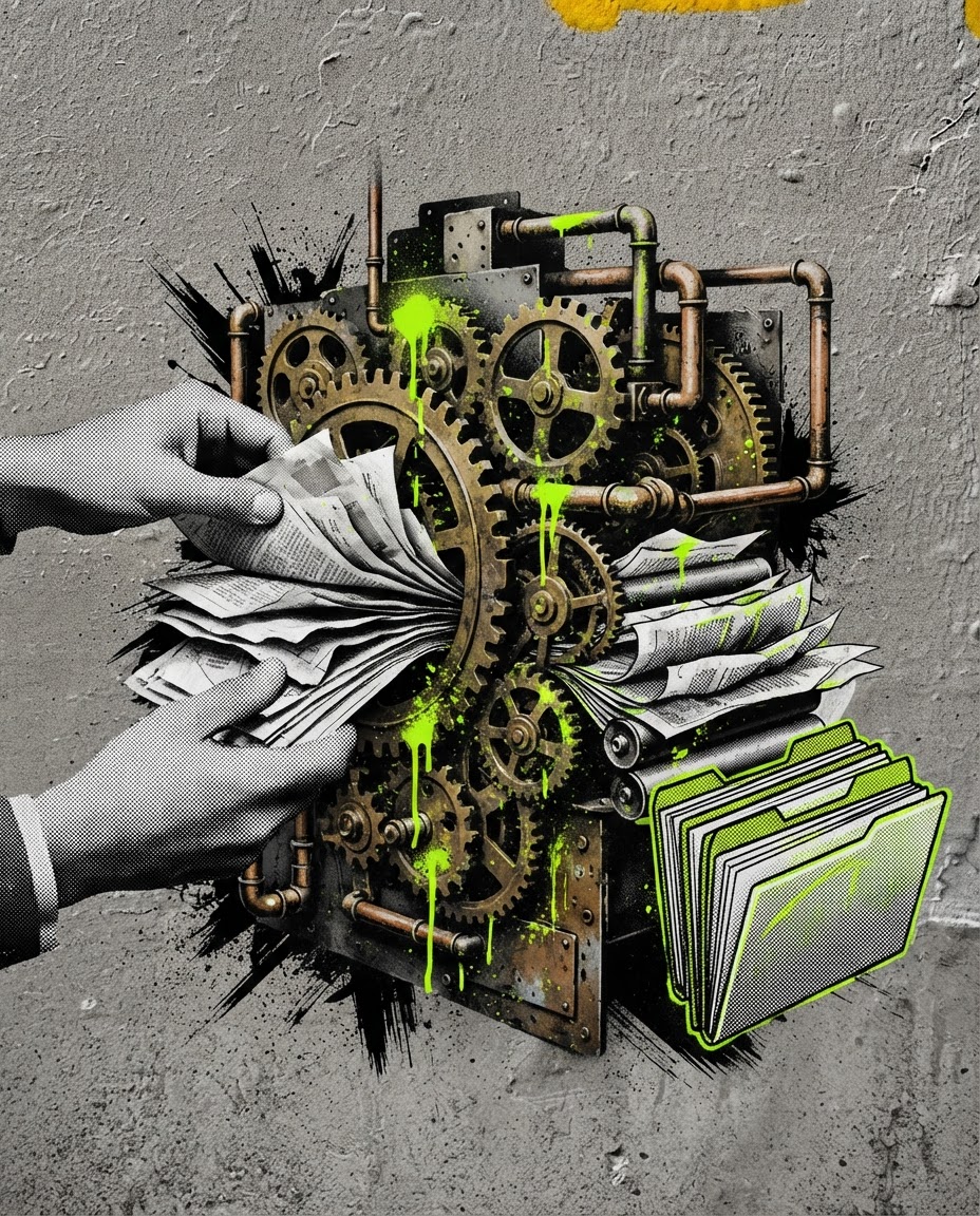 Collage: unas manos meten papeles en unos engranajes y salen ordenados en carpetas